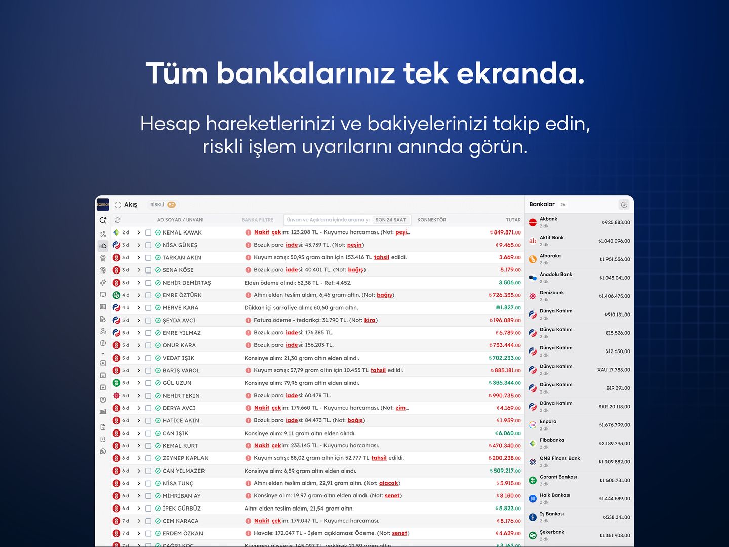 SarrafPro iPad uygulamasında tüm bankaların tek ekranda izlenmesi