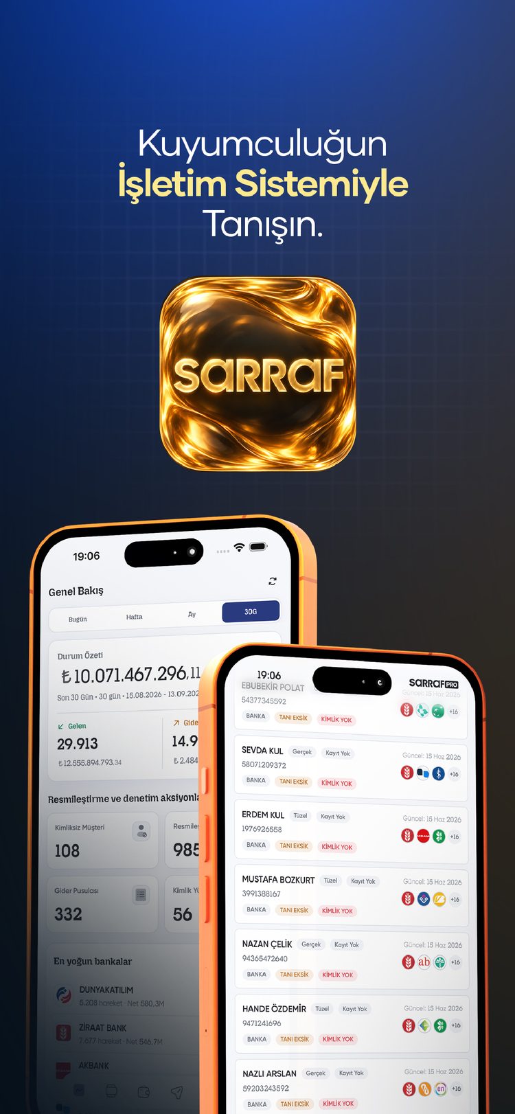 SarrafPro iPhone uygulaması genel bakış ekranı ve müşteri listesi