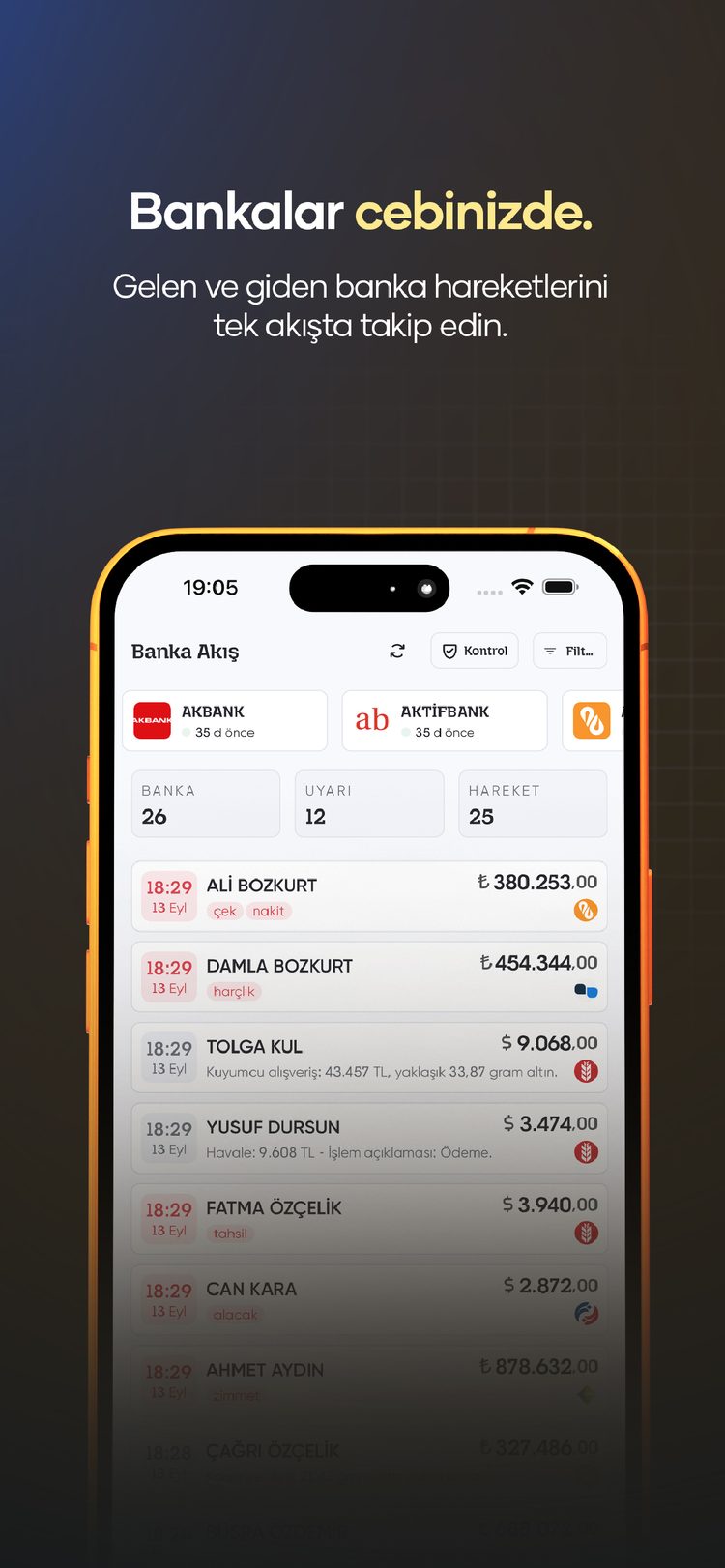 SarrafPro iPhone uygulamasında gelen ve giden banka hareketlerinin tek akışta listelenmesi