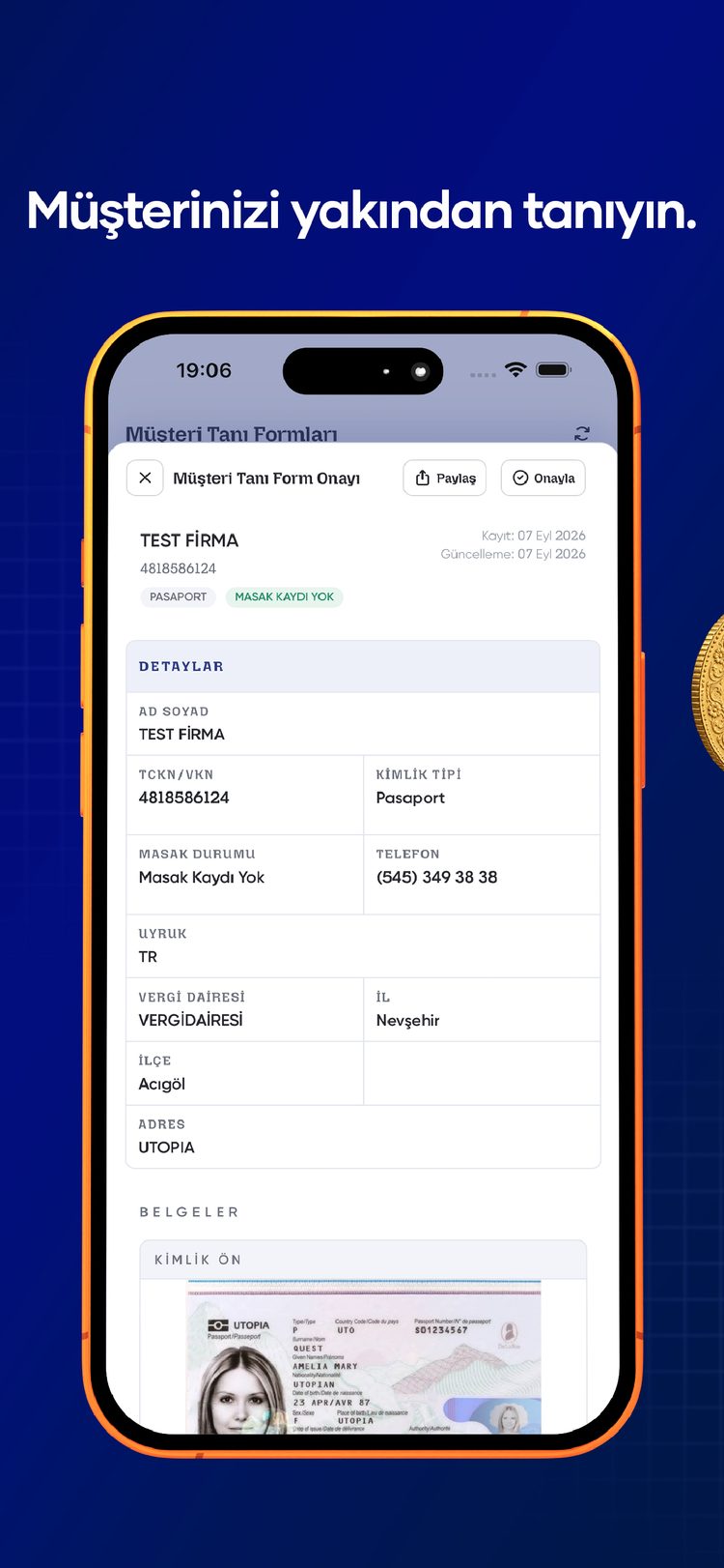 SarrafPro iPhone uygulamasında müşteri kaydı, kimlik bilgisi ve banka tanımlarıyla müşteri tanıma ekranı