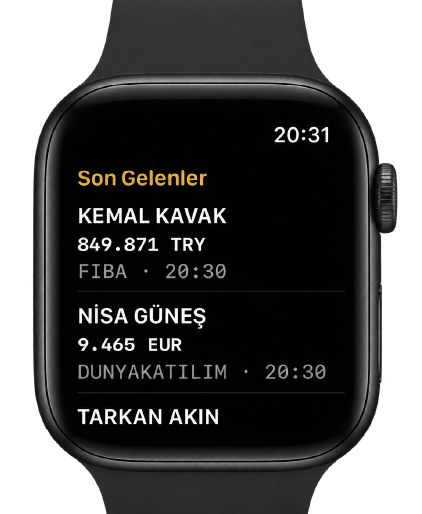 Apple Watch'ta SarrafPro uygulamasıyla son gelen banka hareketlerinin listelenmesi