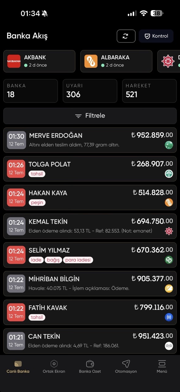 SarrafPro mobil banka akışı ekranı
