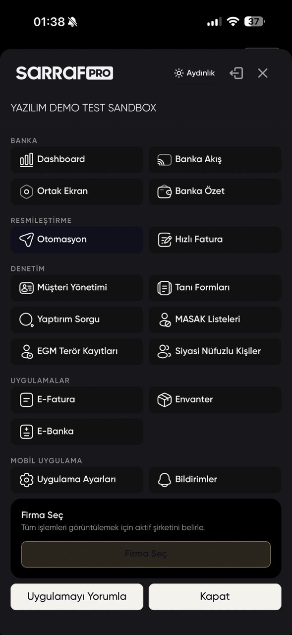 SarrafPro mobil uygulama menüsü